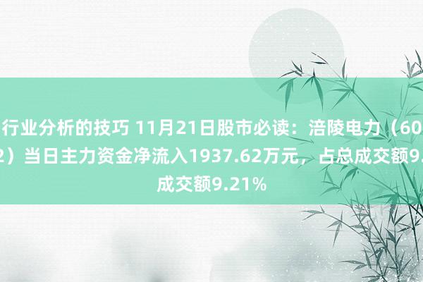 行业分析的技巧 11月21日股市必读：涪陵电力（600452）当日主力资金净流入1937.62万元，占总成交额9.21%